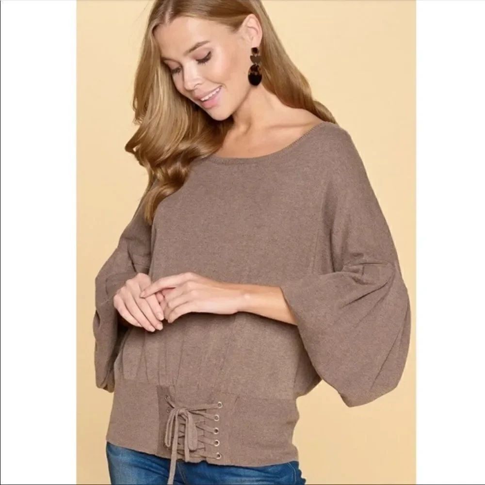 NWT Adorable Bishop Sleeve Sweater W/Lace-up Trim